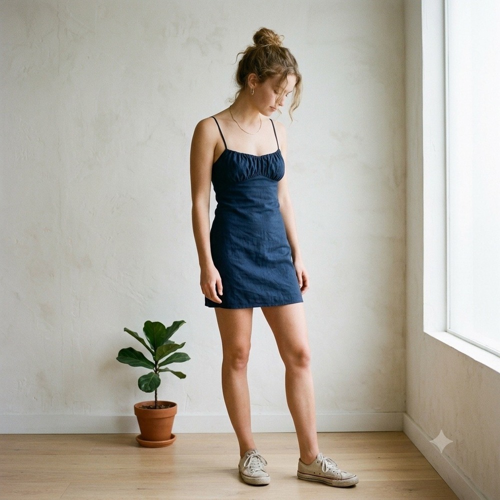 NIA Womens Dress Medium Navy‎ Blue Ruched Bust Spaghetti Strap Mini Minimalist